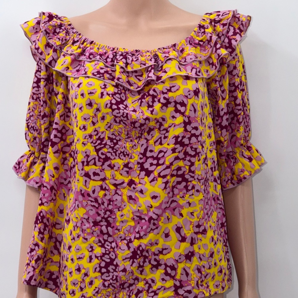 Periwinkle Collection Large Pink Yellow Animal Print Ruffle Off Shoulder Top